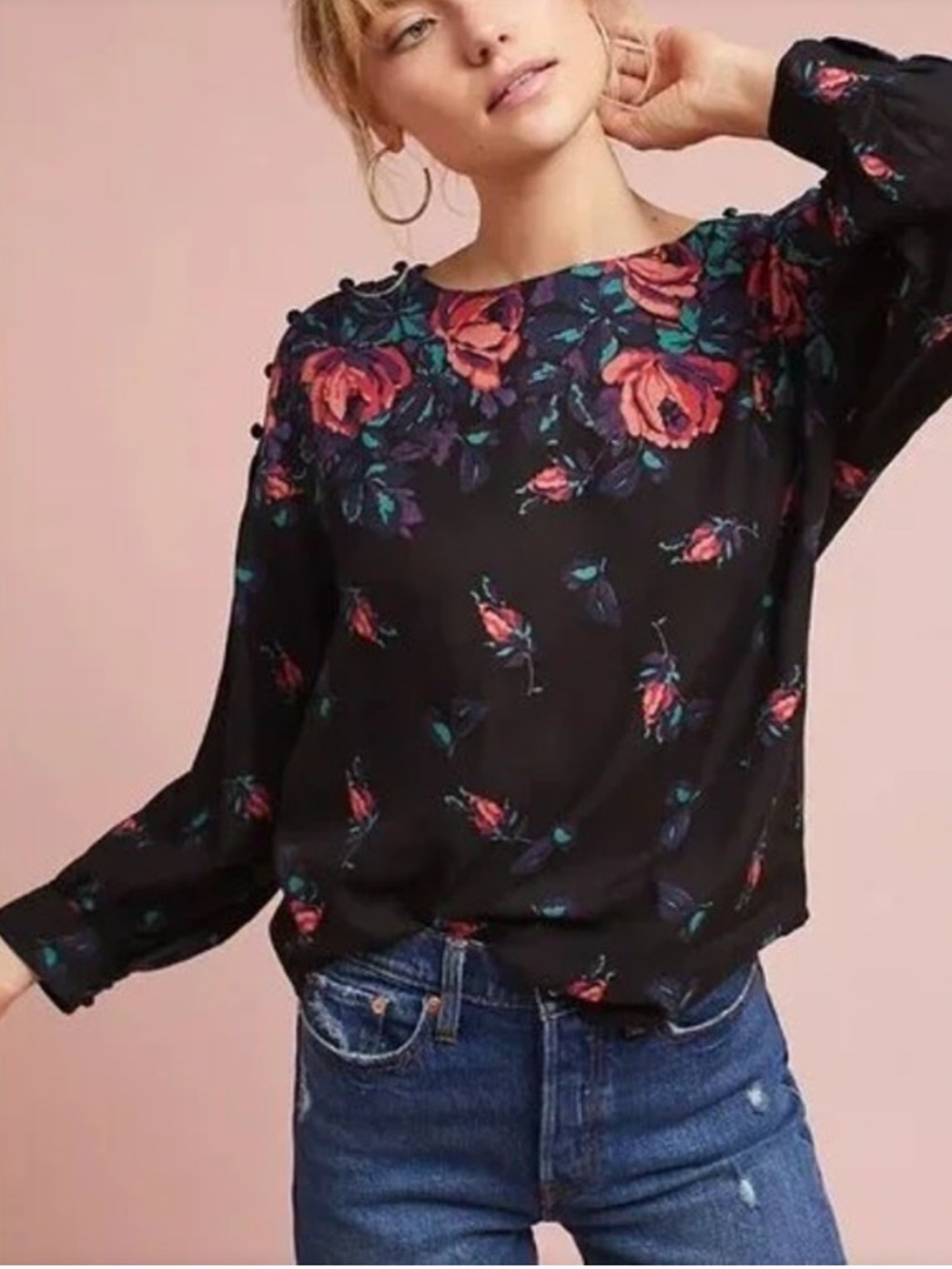 Maeve Black Floral Rose Blouse Medium Boho Romantic Linen Blend Top